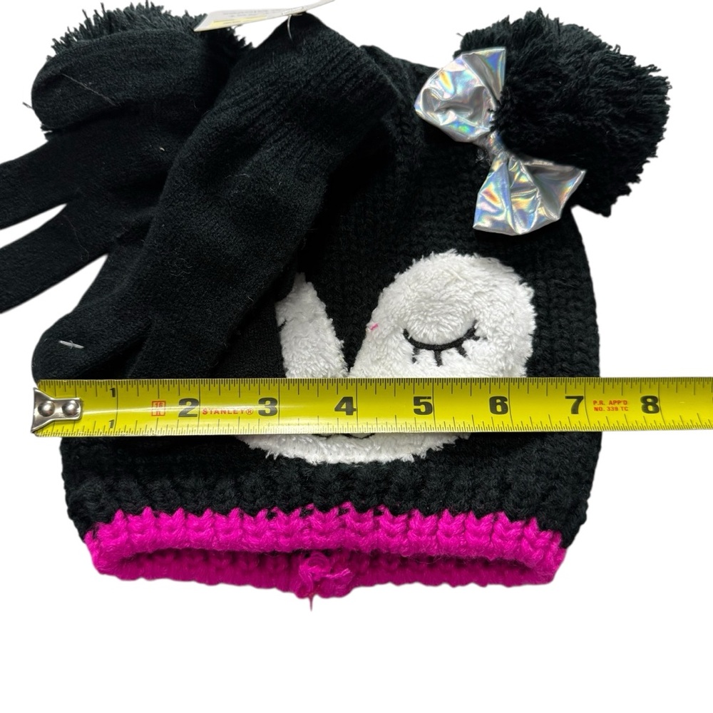 Girls' Winter Hat & Gloves Set Black Knit Critter Beanie with Silver Bow NWT - Picture 5 of 7